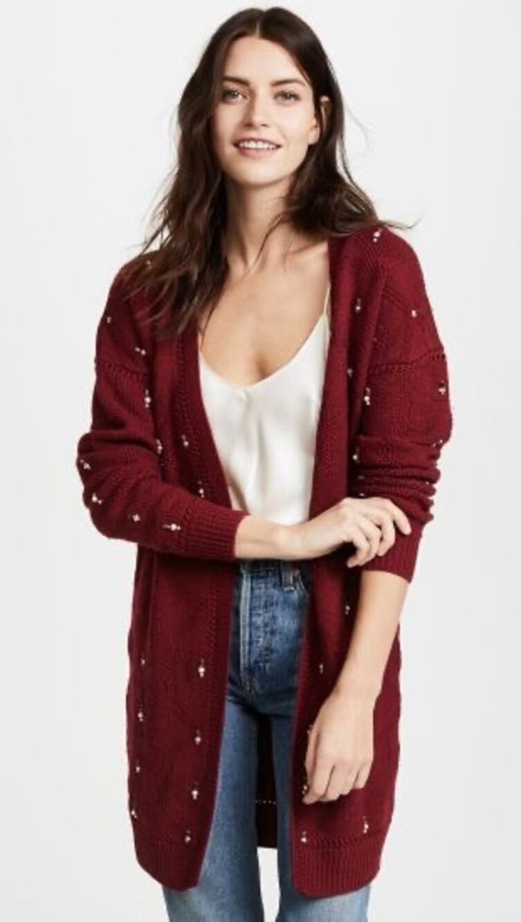 Jonathan Simkhai Matador Embellished Cardigan Sweater Burgundy Pearl Beaded XS